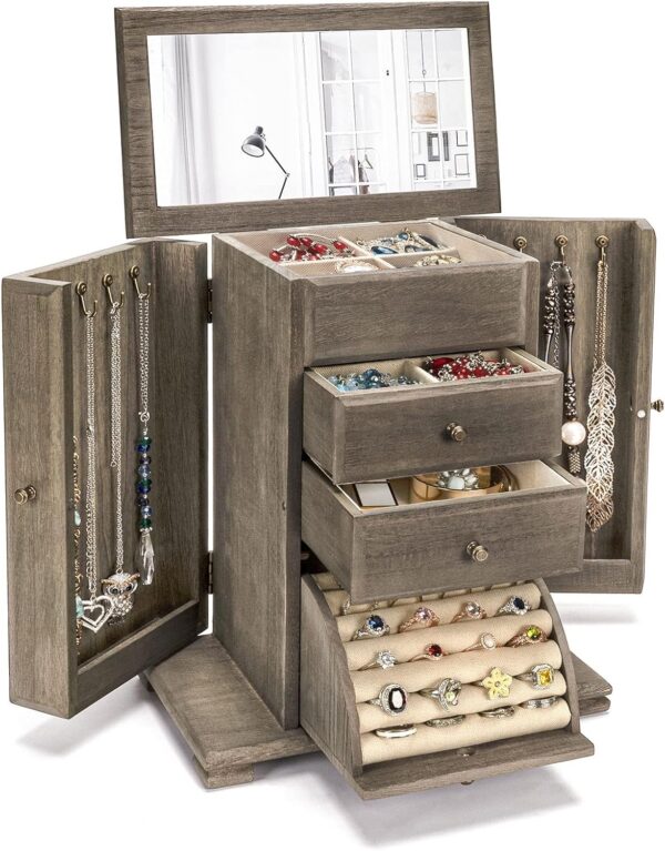 Jewelry Box for Women, Rustic Wooden Jewelry Boxes & Organizers with Mirror, 4 Layer Jewelry Organizer Box Display for Rings Earrings Necklaces Bracelets (Weathered Gray)