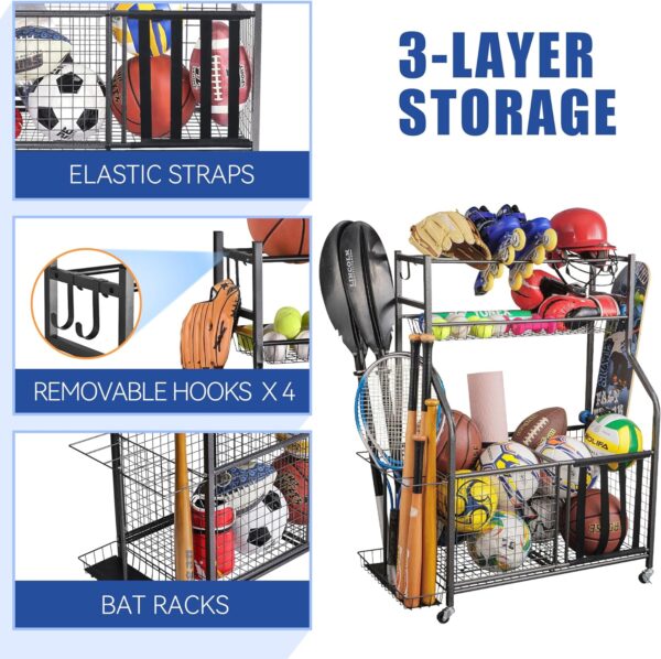 Mythinglogic Garage Sports Equipment Organizer, Ball Storage Garage Large Capacity, Sports Organizer for Garage with Hooks and Baskets, Ball Organizer for Garage for Football, Soccer Ball, Bat, Toys - Image 3