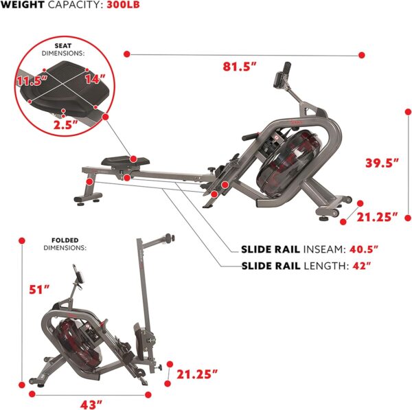 Sunny Health & Fitness Elite Water Rowing Machine with High Resistance Vertical Tank, Optional Exclusive Bluetooth SunnyFit App - Image 6