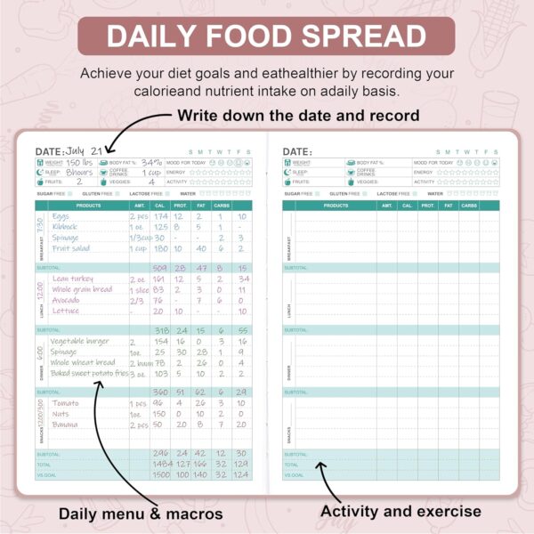 Food Journal - Journal for Women Weight Loss, 5.8" x 8.3", 6 Months Meal Planner to Count Calories Health Journal for Women/Men, Keep Healthy Diet & Achieve Fitness Goals - Rose Gold - Image 2