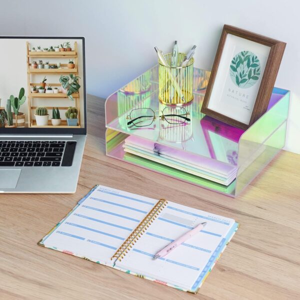 Acrylic Letter Tray 2-Tier Iridescent Stackable Desk Paper Tray Organizer and Office Accessories Supplies, Rainbow Letter Size Desk Accessories Storage Organization (Portrait) - Image 7