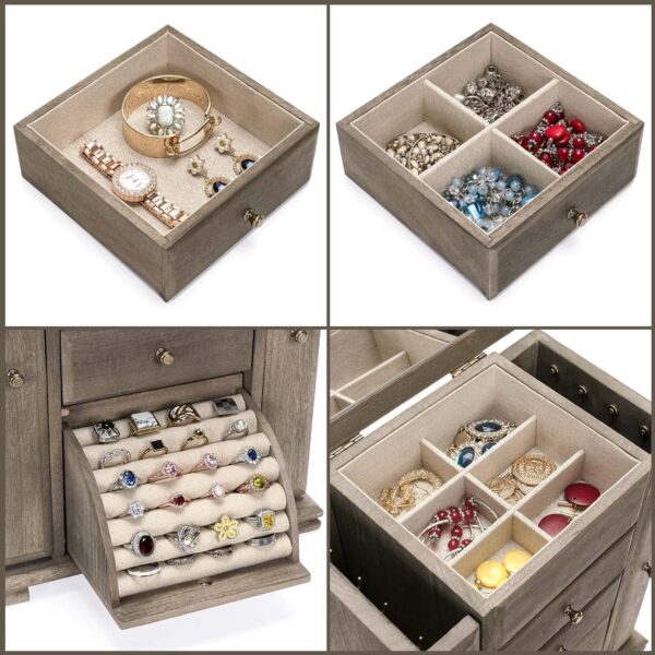 Jewelry Box for Women, Rustic Wooden Jewelry Boxes & Organizers with Mirror, 4 Layer Jewelry Organizer Box Display for Rings Earrings Necklaces Bracelets (Weathered Gray) - Image 5