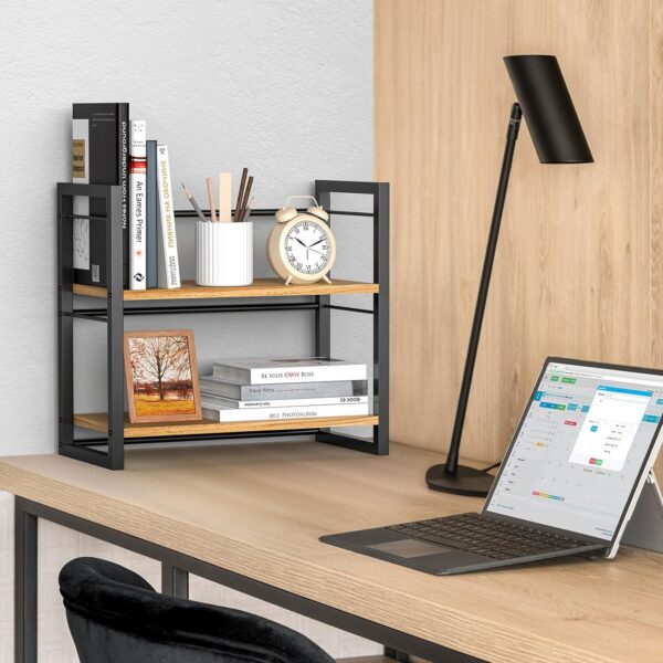 Office Desk Shelf Organizer, Wood Desktop Bookshelf Supplies Storage Rack, Shelf for Top of Desk and Dresser (Black-2 Tier) - Image 5