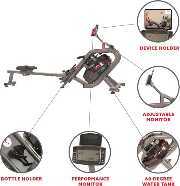 Sunny Health & Fitness Elite Water Rowing Machine with High Resistance Vertical Tank, Optional Exclusive Bluetooth SunnyFit App - Image 3