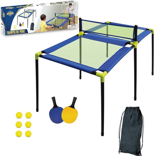 Anywhere Sports - Portable Trampoline Ping Pong Table Tennis Game for Indoor or Outdoor Use, Includes Two Paddles, Six Balls, Storage Bag, and Complete Table for Kids