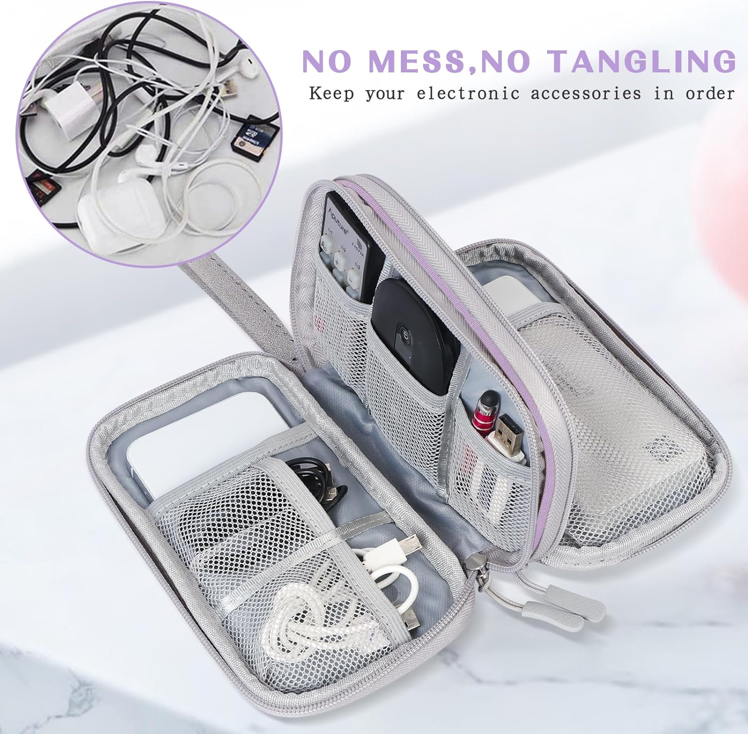FYY Electronic Organizer, Travel Cable Organizer Bag Pouch Electronic Accessories Carry Case Portable Waterproof Double Layers All-in-One Storage Bag for Cable, Cord, Charger, Phone,-Light Purple - Image 5