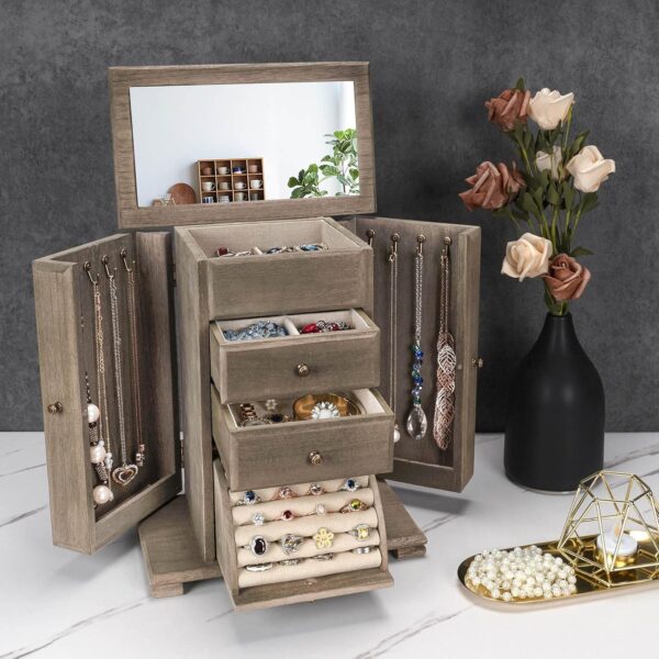 Jewelry Box for Women, Rustic Wooden Jewelry Boxes & Organizers with Mirror, 4 Layer Jewelry Organizer Box Display for Rings Earrings Necklaces Bracelets (Weathered Gray) - Image 2