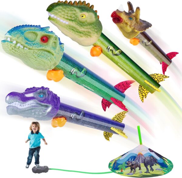 Gizzjoy Dinosaur Toy Rocket Launcher for Kids - Launch Up to 100 Ft, 4 Rockets, Outdoor Outside Toys for Kids, Dinosaur Toys, Birthday Gifts for 3 4 5 6 7 8-12 Year Old Boys Girls