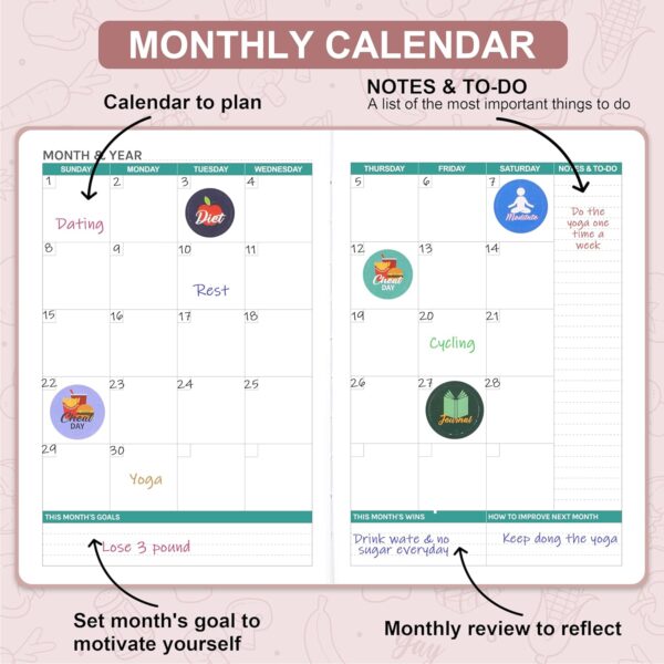 Food Journal - Journal for Women Weight Loss, 5.8" x 8.3", 6 Months Meal Planner to Count Calories Health Journal for Women/Men, Keep Healthy Diet & Achieve Fitness Goals - Rose Gold - Image 3