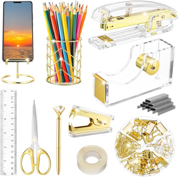 Aibocn Gold Desk Accessories, Office Supplies, Acrylic Stapler, Staple Remover, Tape Holder, Pen Holder, 1000pcs Staples, Diamond Pen, Phone Holder, Scissors, Binder Clips and Ruler, Transparent Glue