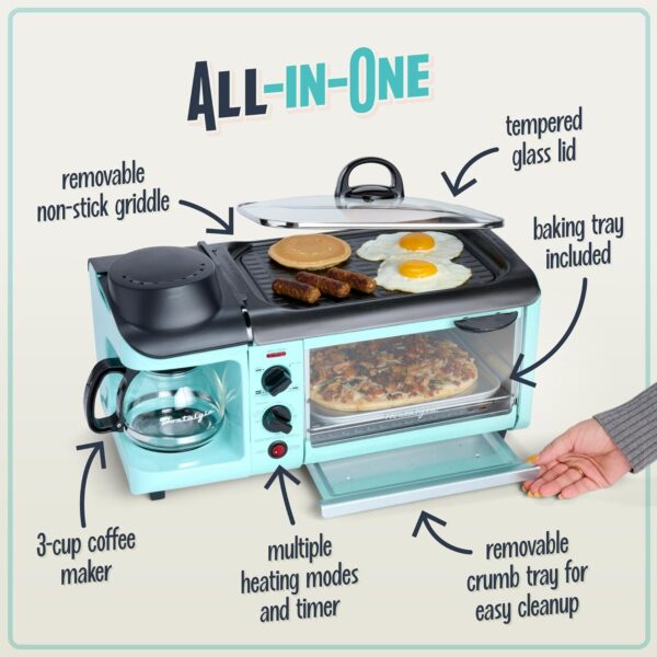 Nostalgia Retro 3-in-1 Family Size Electric Breakfast Station, Non Stick Die Cast Grill/Griddle, 4 Slice Toaster Oven, Coffee Maker, Aqua - Image 4