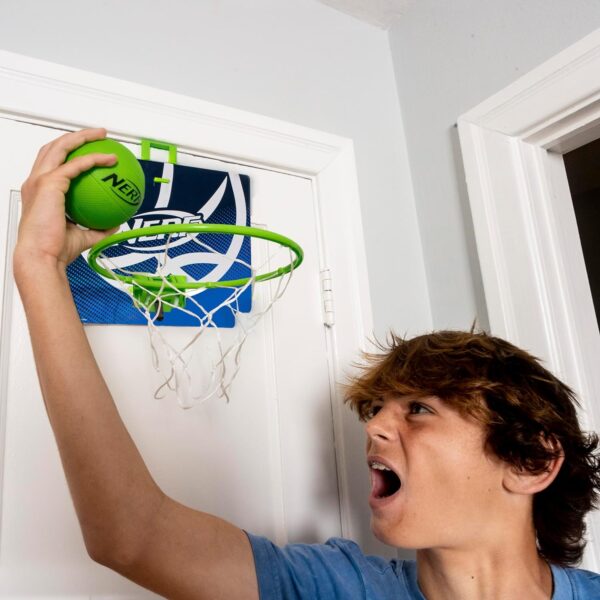 NERF Mini Over the Door Basketball Hoop - Nerfoop Indoor Basketball Hoop for Kids - Toy Door Basketball Hoop + Mini NERF Foam Basketball Game Set - Perfect for Bedroom Indoor Basketball - Green - Image 7