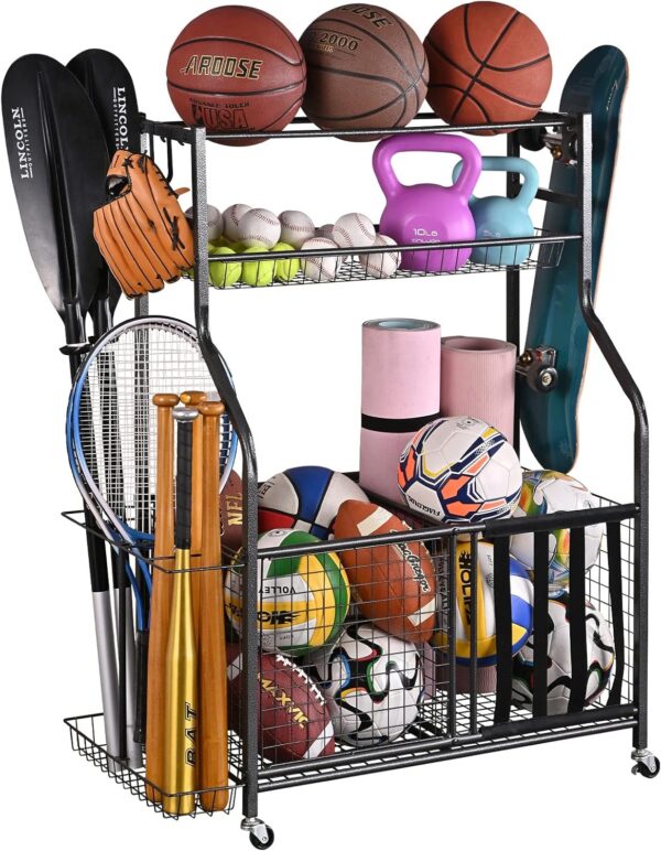 Mythinglogic Garage Sports Equipment Organizer, Ball Storage Garage Large Capacity, Sports Organizer for Garage with Hooks and Baskets, Ball Organizer for Garage for Football, Soccer Ball, Bat, Toys