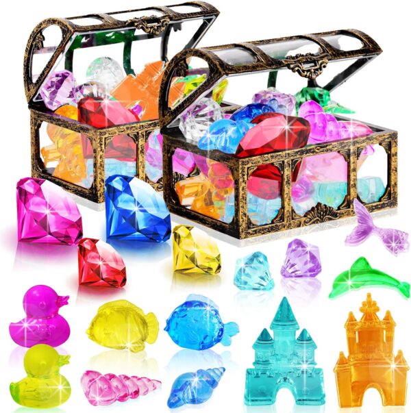 Thuodo 28 Pcs Diving Gem Pool Toys Colorful Diamond Set with Treasures Pirate Box Summer Water Toys for Kids Swimming Toys for Boys and Girls Pool Party Favors