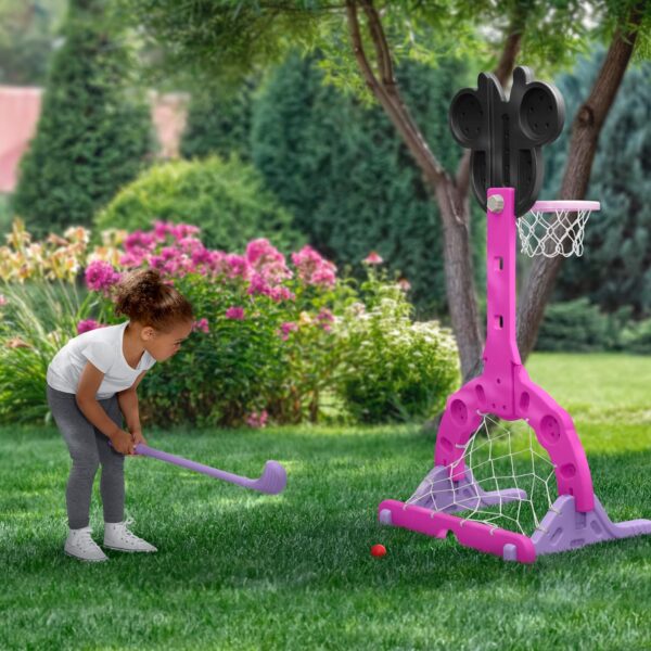 Delta Children Disney Minnie Mouse 4-in-1 Sports Center – Adjustable Easy Score Basketball Hoop, Soccer/Hockey Net and Golf Game, 4 Golf/Hockey Balls, Pink - Image 4