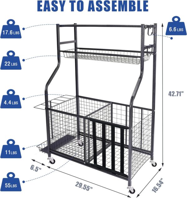 Mythinglogic Garage Sports Equipment Organizer, Ball Storage Garage Large Capacity, Sports Organizer for Garage with Hooks and Baskets, Ball Organizer for Garage for Football, Soccer Ball, Bat, Toys - Image 5