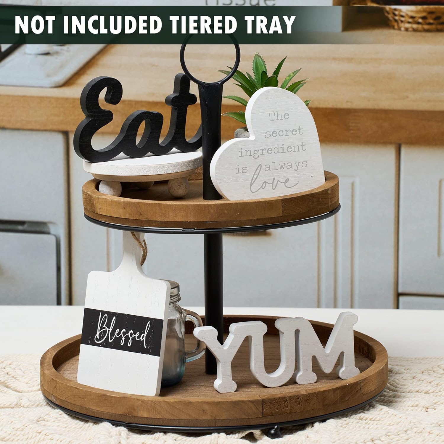 GENMOUS Farmhouse Kitchen Tiered Tray Decor Items Mini Set, Rustic Black and White Kitchen Counter Decor, Two Tiered Tray Kitchen Decor Set for Home Kitchen Dining Room Table Decoration - Image 2