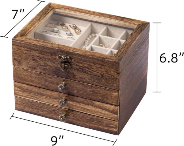 Frebeauty Wooden Jewelry Box 4 Layer Vintage Jewelry Organizer with Clear Lid Rustic Wood Jewelry Holder Jewelry Case for Rings Bracelets Brooches Jewelry Storage(Moderate Carbonization) - Image 4