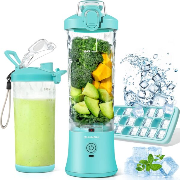 SHUNSHI Portable Blender 20 Oz, Personal Size Blender for Shakes and Smoothies with Ice Cube Tray, Mini Small Smoothie Blender Bottles for Kitchen Home Gym Sports Travel (Mint Blender+ice cube tray)