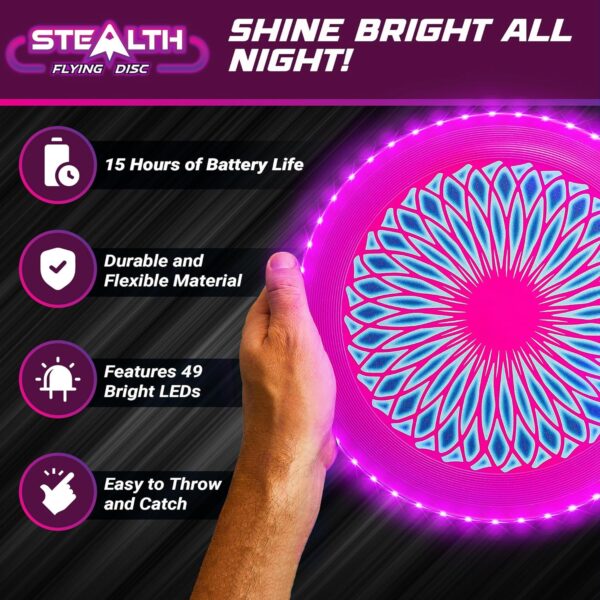 USA Toyz Stealth LED Flying Disc- Light Up Disc for Adults and Kids, 49 LEDs Glow in the Dark Disk, 2 LED Arm Bands, Sport Golf Ultimate Disc Outdoor Game Set, Waterproof Glow Hover Disc (Pink/Purple) - Image 3