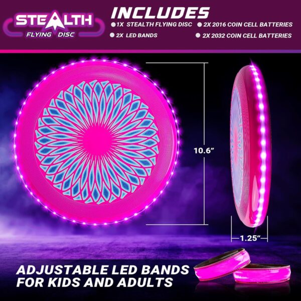 USA Toyz Stealth LED Flying Disc- Light Up Disc for Adults and Kids, 49 LEDs Glow in the Dark Disk, 2 LED Arm Bands, Sport Golf Ultimate Disc Outdoor Game Set, Waterproof Glow Hover Disc (Pink/Purple) - Image 5