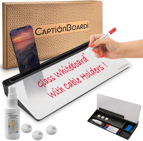 CaptionBoardi Deskboard Glass Whiteboard - 15-Inch Glass Dry Erase Board for Desk with Mobile & Tablet Stand, Office Supplies for Desktop with 3 Colored Markers, Spray Bottle, & Storage -Black & White