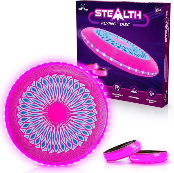 USA Toyz Stealth LED Flying Disc- Light Up Disc for Adults and Kids, 49 LEDs Glow in the Dark Disk, 2 LED Arm Bands, Sport Golf Ultimate Disc Outdoor Game Set, Waterproof Glow Hover Disc (Pink/Purple)