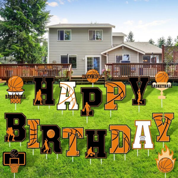 Menkxi 18 Pcs Happy Birthday Yard Signs with Stakes Lawn Decorations Themed Party Decorations Ball Birthday Outdoor Lawn Signs for Boy Girl Outdoor Sport Party Supplies (Basketball)