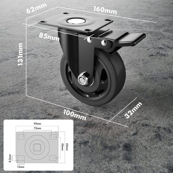 4 Inch Caster Wheels, Heavy Duty Casters Set of 4, Swivel Casters with Brake 2200 Lbs, Locking Industrial Top Plate Casters Wheels for Furniture and Workbench Cart(Two Hardware Kits Include) - Image 2