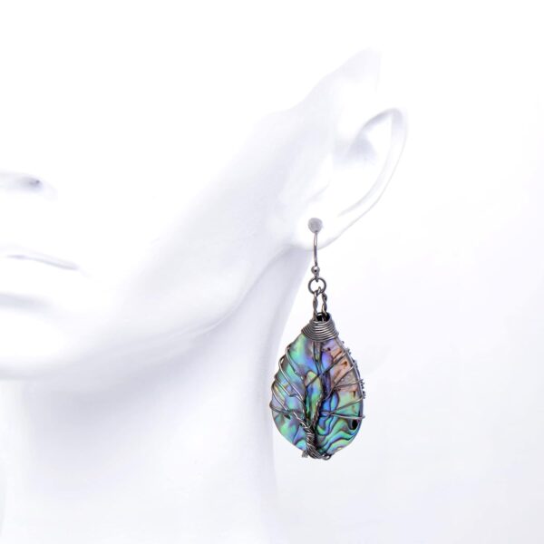 Handmade Teardrop Abalone Shell Dangle Earrings for Women, Wire Craft Tree of Life Earrings - Image 2