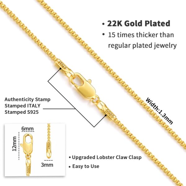 Jewlpire Italian Soild 22K Real Gold Over 925 Sterling Silver Chain Necklace for Women Girls, 1.3mm Hypoallergenic Box Chain Thin & Sturdy Women's Chain Necklaces 14/16/18/20/22/24/26 Inch - Image 4