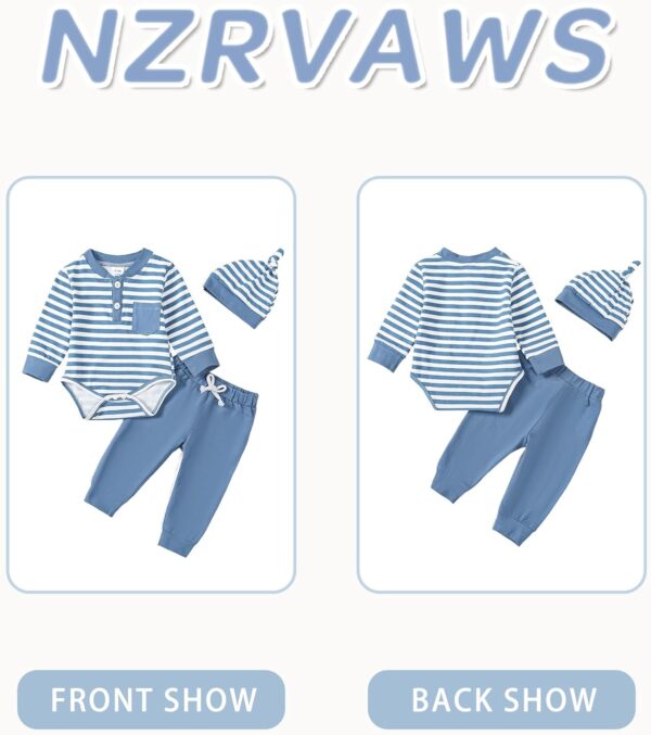 NZRVAWS Baby Boy Clothes Newborn Boy Outfit Infant Stripe Plaid Romper Long Pant Set Hat 3PC Clothing 0 3 6 9 12 Months - Image 3