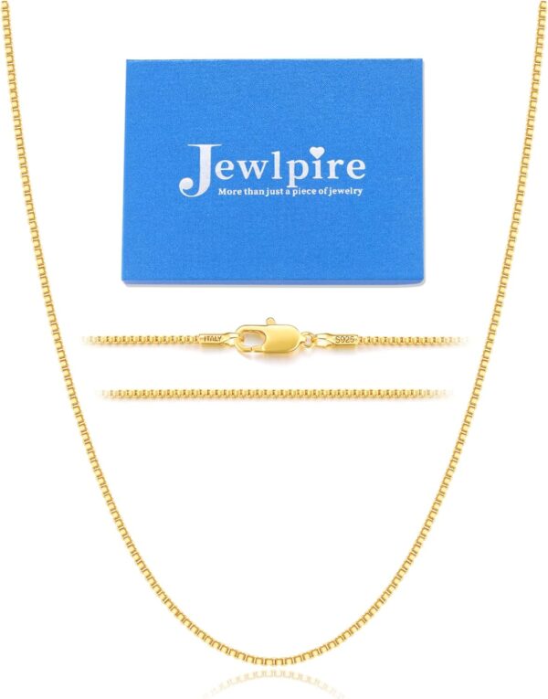 Jewlpire Italian Soild 22K Real Gold Over 925 Sterling Silver Chain Necklace for Women Girls, 1.3mm Hypoallergenic Box Chain Thin & Sturdy Women's Chain Necklaces 14/16/18/20/22/24/26 Inch