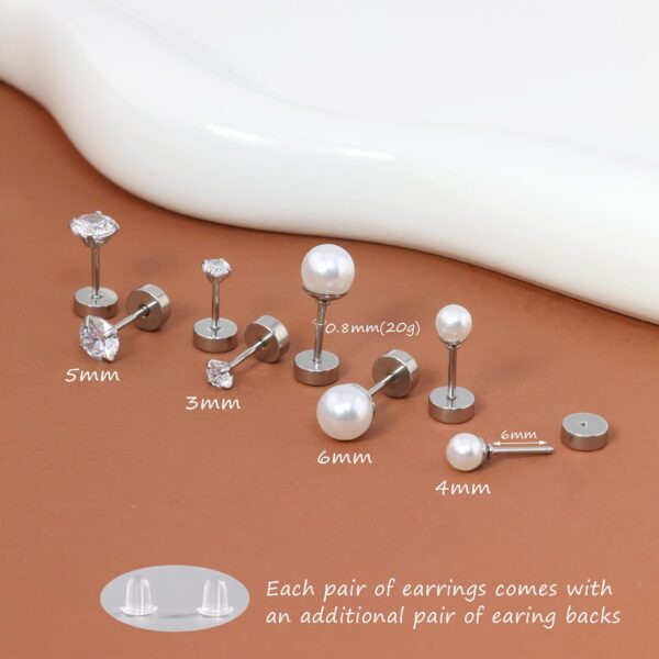 Flat Back Earrings Small Screw Back Earrings for Women Girls Toddlers, Titanium Nap Cubic Zirconia Earrings Stud Set, Helix Cartilage Tragus Piercing Jewelry (Silver, 4 Pairs CZ+Pearl Stud) - Image 3