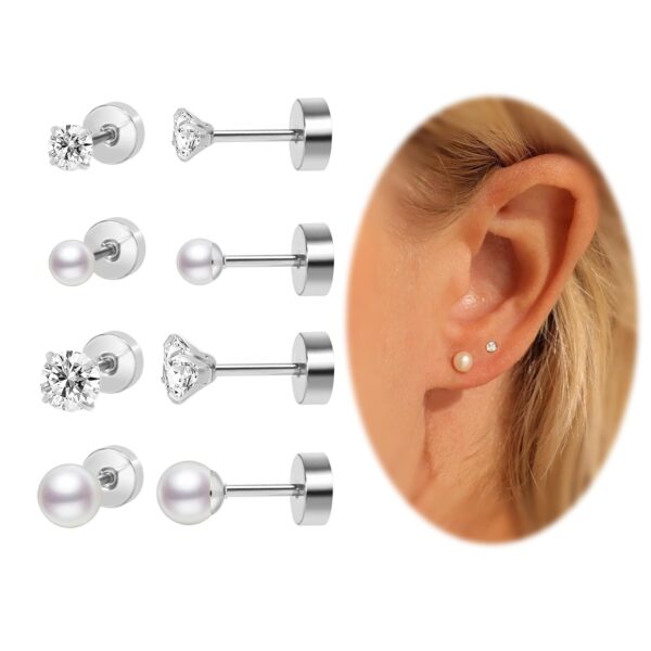 Flat Back Earrings Small Screw Back Earrings for Women Girls Toddlers, Titanium Nap Cubic Zirconia Earrings Stud Set, Helix Cartilage Tragus Piercing Jewelry (Silver, 4 Pairs CZ+Pearl Stud)