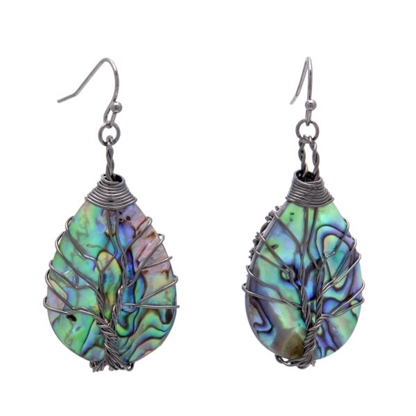 Handmade Teardrop Abalone Shell Dangle Earrings for Women, Wire Craft Tree of Life Earrings