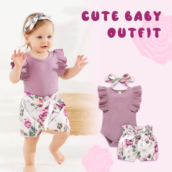 Tiny Cutey Baby Girl Clothes Infant Summer Outfits Set Ruffle Sleeve Romper and Floral Shorts with Headband - Image 2