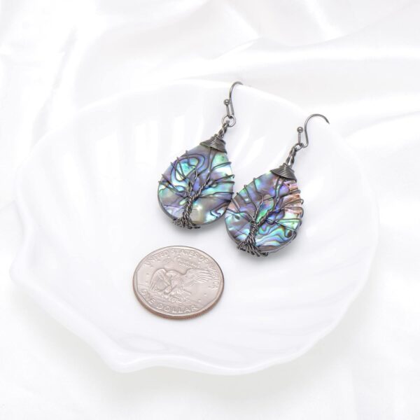 Handmade Teardrop Abalone Shell Dangle Earrings for Women, Wire Craft Tree of Life Earrings - Image 4