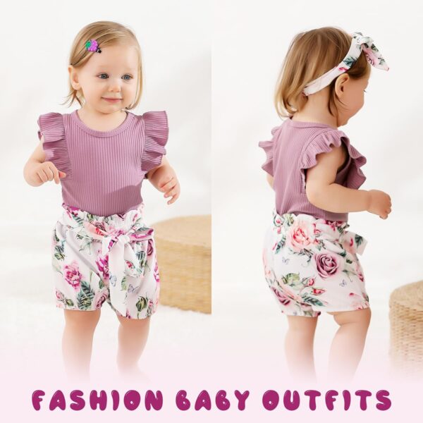 Tiny Cutey Baby Girl Clothes Infant Summer Outfits Set Ruffle Sleeve Romper and Floral Shorts with Headband - Image 3