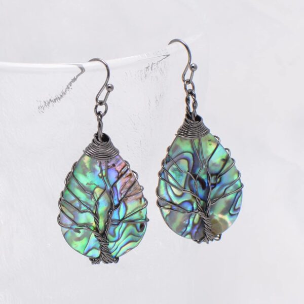 Handmade Teardrop Abalone Shell Dangle Earrings for Women, Wire Craft Tree of Life Earrings - Image 3