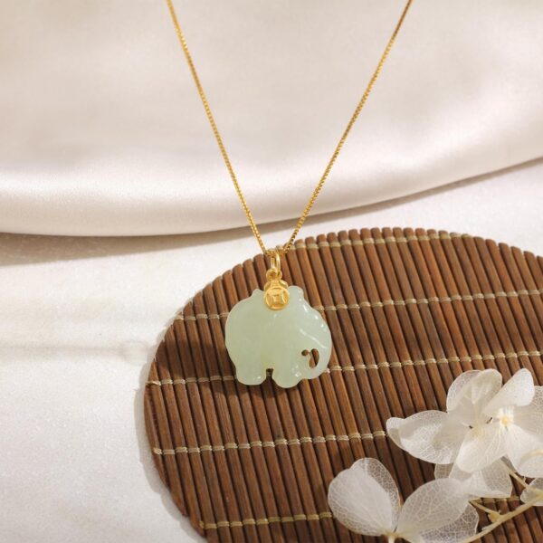 Natural Hetian Jade for Women Necklace, Elephant Pendant Necklace, Auspicious Cute Animal Pendant Necklace Handmade Jewelry (S925 Sterling Silver Gold Plated) - Image 6