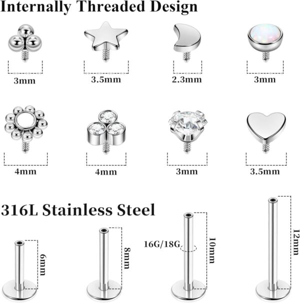 16G 18G 316L Stainless Steel Internally Threaded Labret Monroe Studs Lip Rings Stud for Women Men Flat Back Cartilage Tragus Earrings Studs Forward Helix Earrings Conch Medusa Piercing Jewelry - Image 4