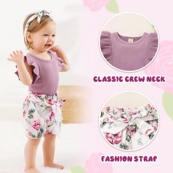 Tiny Cutey Baby Girl Clothes Infant Summer Outfits Set Ruffle Sleeve Romper and Floral Shorts with Headband - Image 5