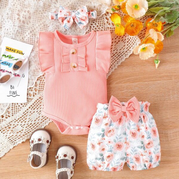 Newborn Baby Girl Clothes Outfits Ruffle Romper and Short Pant Sets with Headband Infant Bodysuits - Image 4